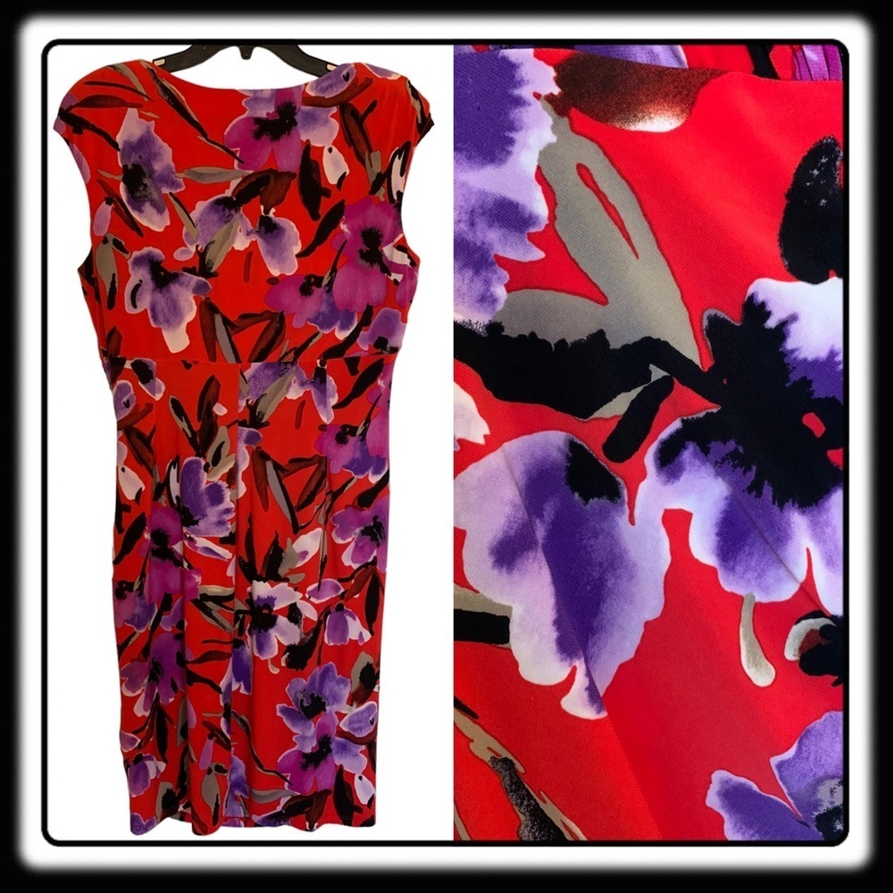 Lauren Red dress with black and purple floral pattern V-Neck Sz 14